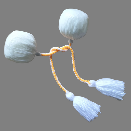YELLOW AND WHITE, WHITE TASSEL POI.